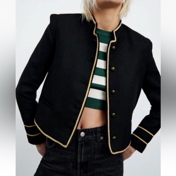 Zara Jackets & Blazers - Zara Cropped Jacket Black/Gold Military Details Women’s Sz XS